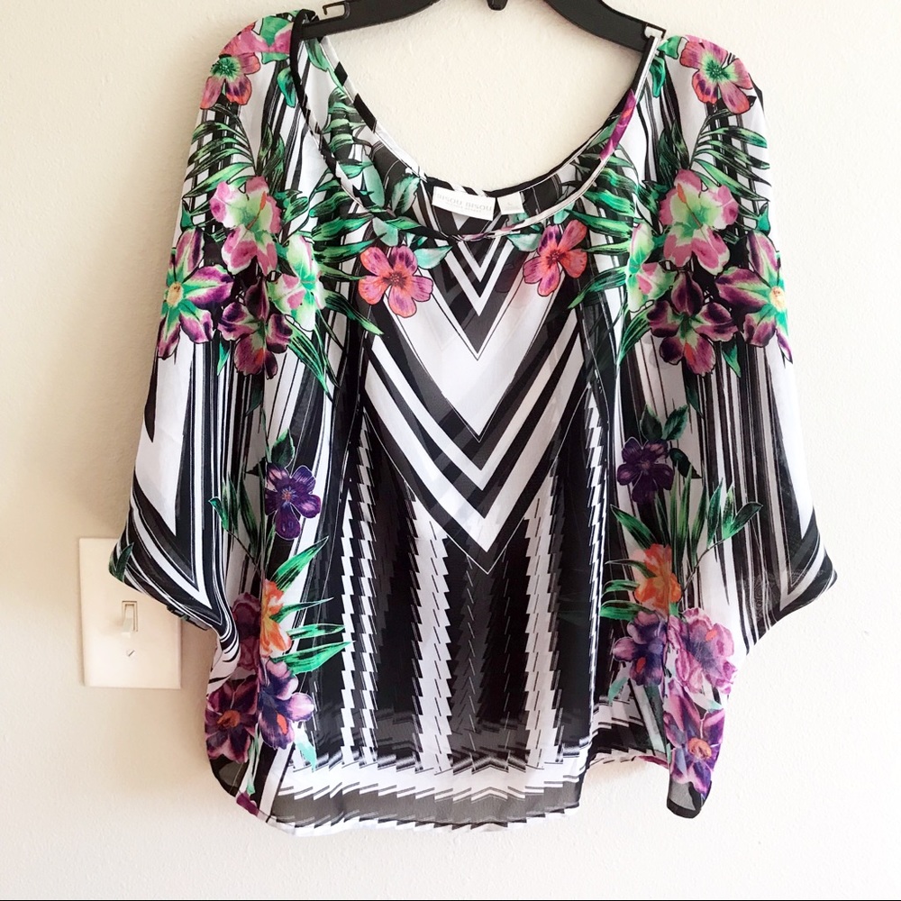 Bisou Bisou sheer blouse black green L